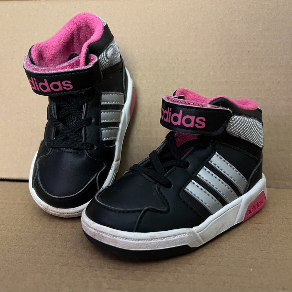 adidas Kids Black & Pink High-Top Sneakers with Silver Stripes